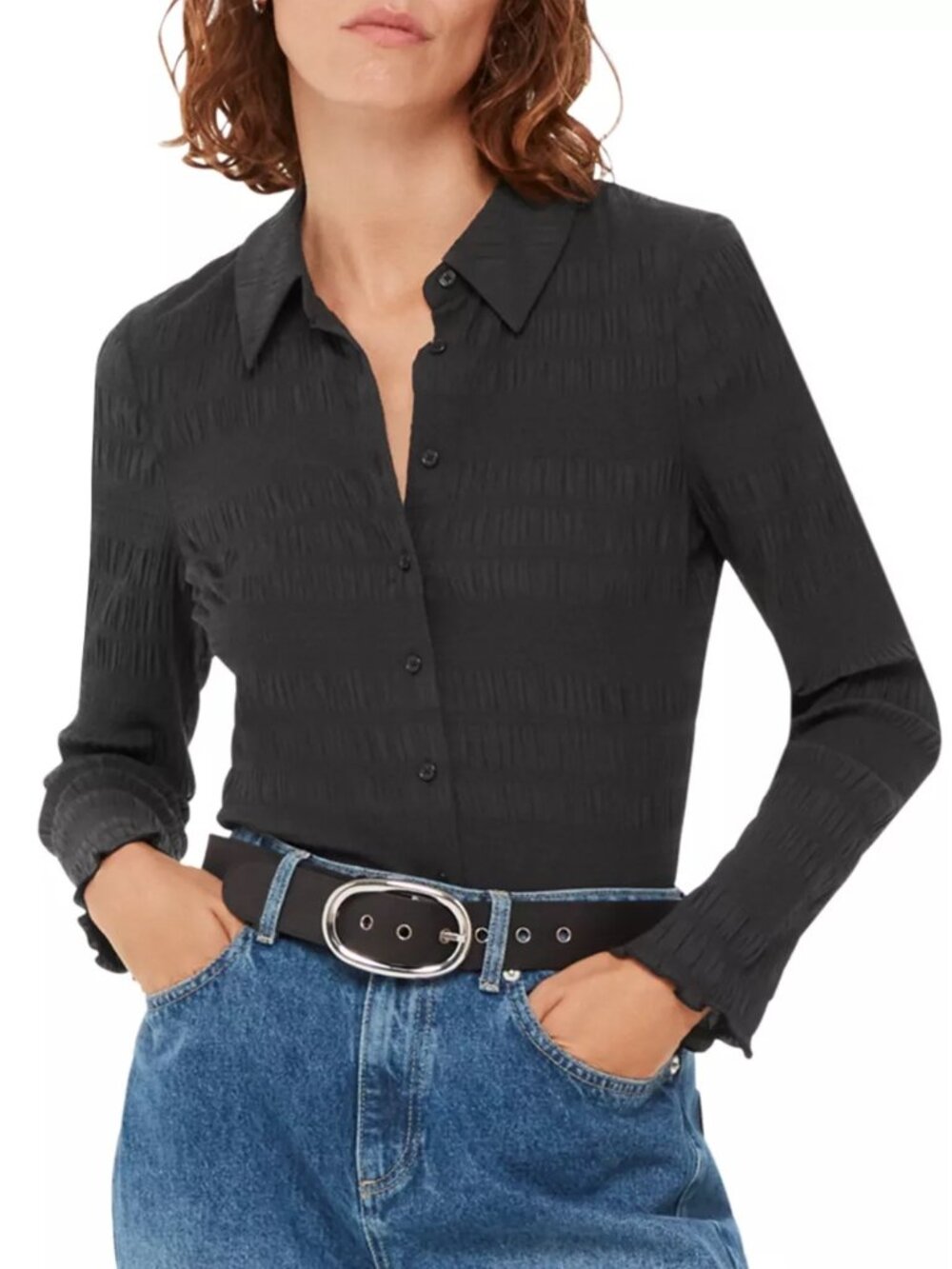 Whistles Plisse Button Front Shirt in Black Size 14 US